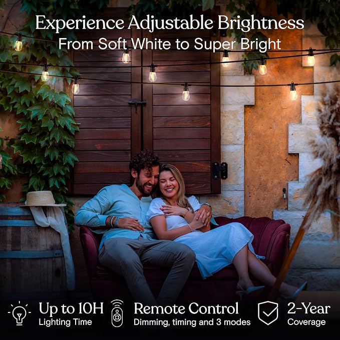 Brightech Ambience Pro Solar String Lights & Remote, Commercial Grade 48 ft | Dimmable Outdoor String Lights, Waterproof Patio Lights, 15 Shatterproof LED Edison Bulbs for Outside & Porch, 4W Soft White