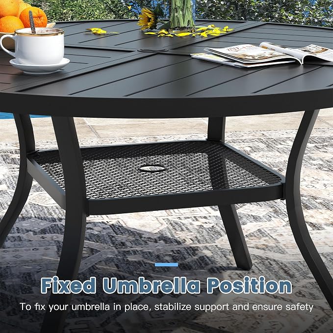 DIFY 7 Piece Outdoor Dining Set for 6, 47.2" Black Round Metal Dining Table with Umbrella Hole and Stackable Wicker Patio Chairs, All-Weather Patio Table and Chairs Set for Deck Garden Backyard