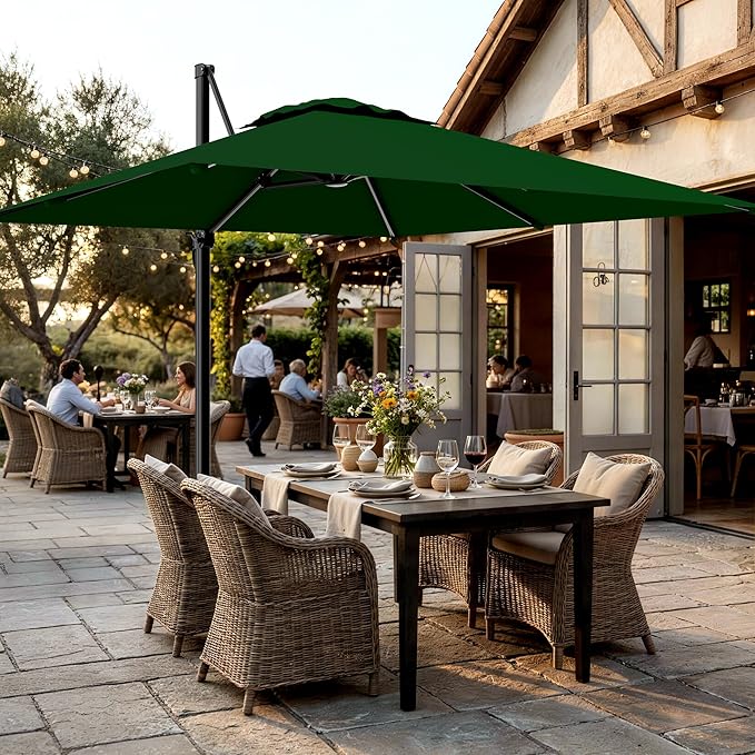 AreShark 10 × 10FT Square Cantilever Patio Umbrella with Base Included, 360° Rotation Offset Outdoor Umbrella, 5 Tilt Settings Heavy Duty Hanging Parasol for Deck Garden Pool, Dark Green