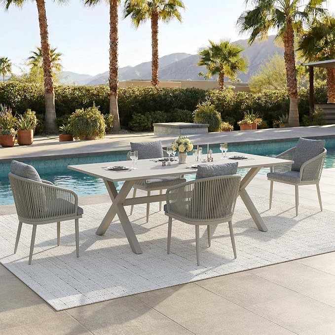 5-Piece Patio Dining Table Sets, Woven Wicker Dining Set with Rectangular Aluminum Table and Dining Chairs Modern Outdoor Dining Furniture Set for Outdoors and Indoors
