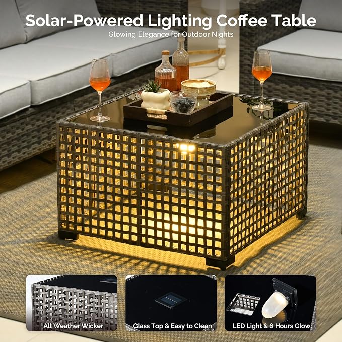 8 Piece Wicker Patio Furniture Set with Solar Table, Gray | Outdoor Deep Seating Sofa Chair Ottoman, Solar Lights Table, All Weather Rattan, Modern Conversation Set, Porch Deck Backyard