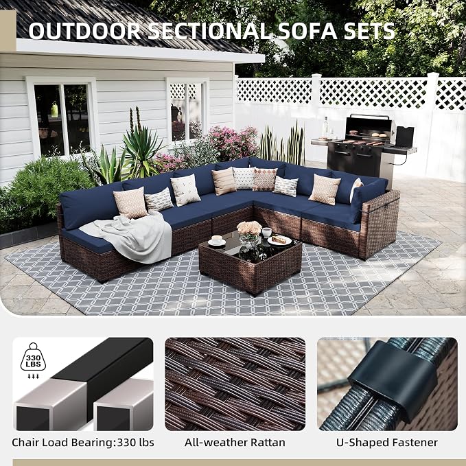 UPHA 9 Pieces Patio Furniture Sets, Wicker Outdoor Sectional Sofa Couch with Round Propane Pit for Deck Backyard Garden, Brown Rattan, Navy Blue Cushion