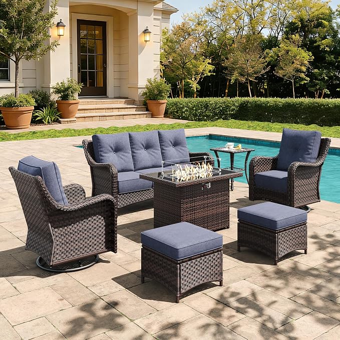 7 Pieces Outdoor Furniture Set with 6-inch Cushions, High Back Wicker Swivel Rocker Chairs with Fire Pit Table, Luxury Conversation Set for Deck Patio and Poolside