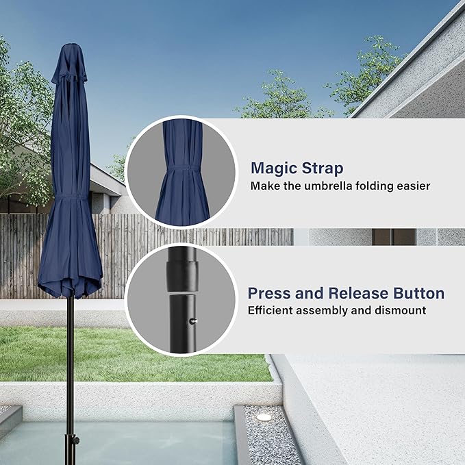 Simple Deluxe 9FT Outdoor Patio Umbrella Table Market Umbrella with Push Button Tilt and Crank and 50lbs Base Stand, for Garden, Lawn, Deck, Backyard, Pool, Dark Blue