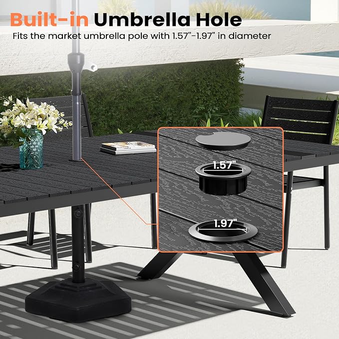 Pellebant Outdoor Dining Set for 8, 9 Pieces Aluminum Patio Table and Stackable Armless Chairs with Umbrella Hole & Wood-Like Top, Black
