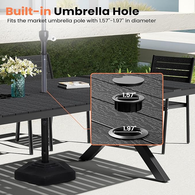 Pellebant Aluminum 13-Piece Outdoor Dining Table Set for 8-12 Person | Patio Stackable Chair with U-Shaped Wicker Backrest, 118" Table with Wood-Grain Top & Umbrella Hole, Aluminum Frame Furniture