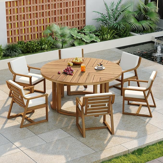 7-Piece Outdoor Patio Dining Set, All-Weather Acacia Wood 59'' Round Dining Table with 1.96" Umbrella Hole and 6 Arm Chairs for Backyard, Balcony, Garden, Poolside (Light Teak-2.14)