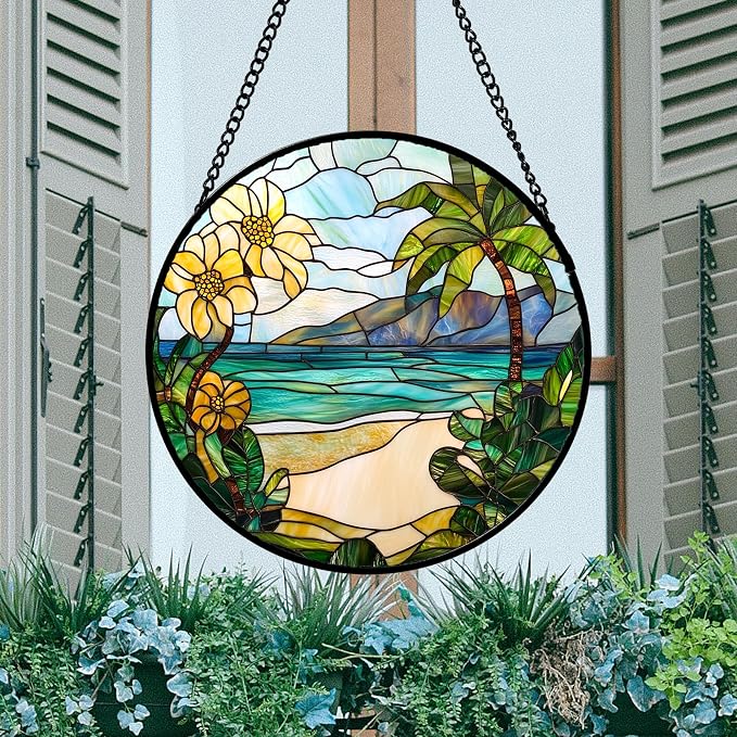 DASTOLL Stained Glass Window Hanging 4 Pcs Set Blue Ocean Coconut Tree Scenery Large 15" - Suncatcher Door Garden Sun Catcher Decor Birthday Christmas for Mom Woman Nana Men