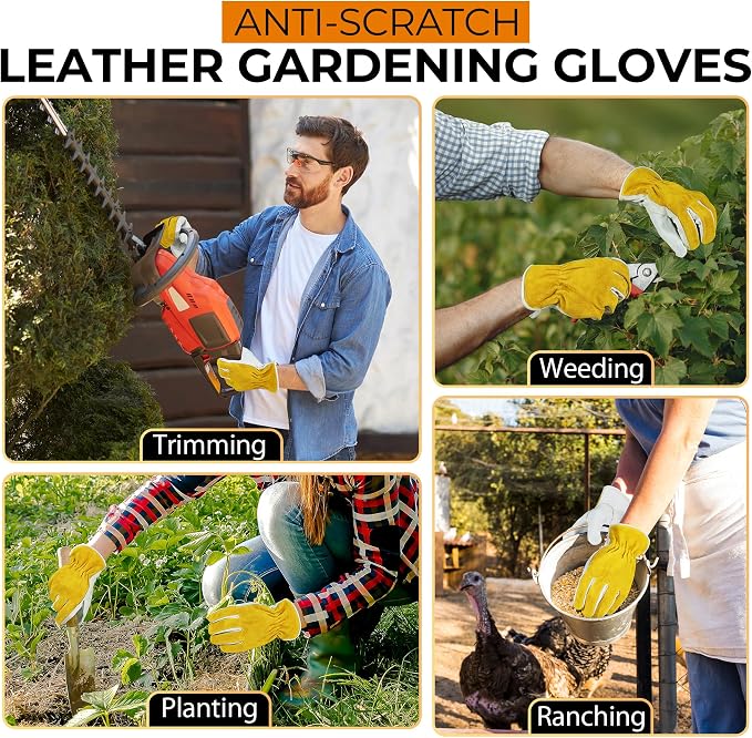 HANDLANDY Leather Gardening Gloves, Leather Work Gloves for Men Women | Durable Utility Men Women Garden Yard Working Glove, for Landscaping, Mechanic, Construction, Driving, Farming, Ranching