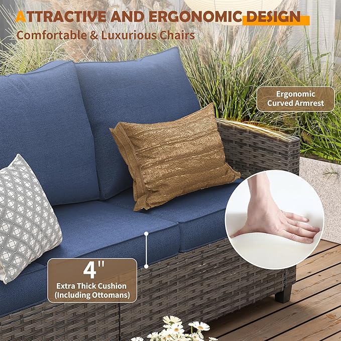 UDPATIO Patio Furniture Set, 5 Pieces Outdoor Sectional Sofa Set, All-Weather Wicker Rattan High Back Outdoor Conversation Set with Ottoman for Poolside, Backyard, Grey Wicker Navy Blue Cushion