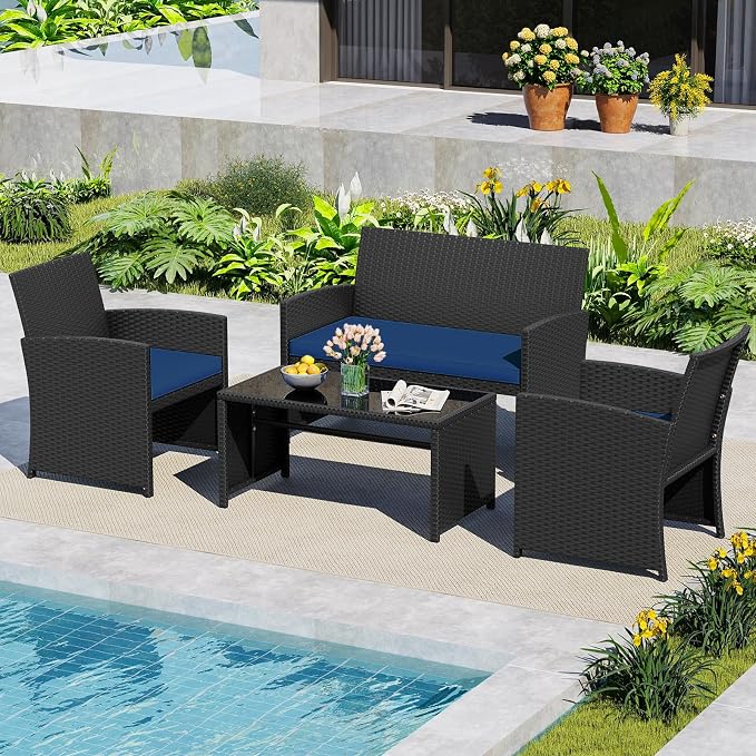 HAPPYGRILL 4 Piece Rattan Wicker Patio Conversation Set, Outdoor Furniture with Chair Loveseat Table & Cushion, for Backyard Porch Balcony (1, Black & Navy)