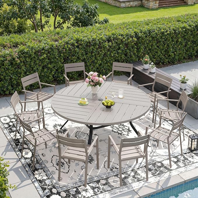 DIFY 11 Piece Outdoor Patio Dining Set for 10, 59.8" Round Dining Table with Umbrella Hole and Stackable Metal Chairs, Patio Table and Chairs Set for Backyard Poolside Deck, Grey Wood-Like & Sandshell
