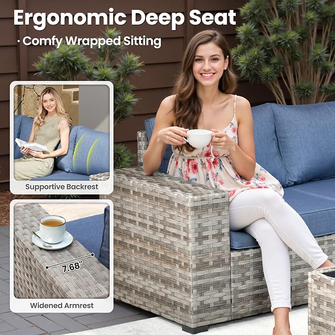 ovios 13 Pieces Patio Furniture Set, Outdoor Wicker Sectional Sofa with 42 Inch Fire Pit Table Comfy Cushions, Modern Modular Deep Seat Rattan Couch Conversation Set, Denim Blue