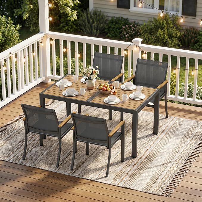 5-Pieces Aluminum Patio Table and Chairs Set, Outdoor Patio Furniture Set with Heavy Duty HDPS Rectangular Table, All-Weather Outdoor Dining Set with Quick-Drying Breathable Textilene Chairs for Porch