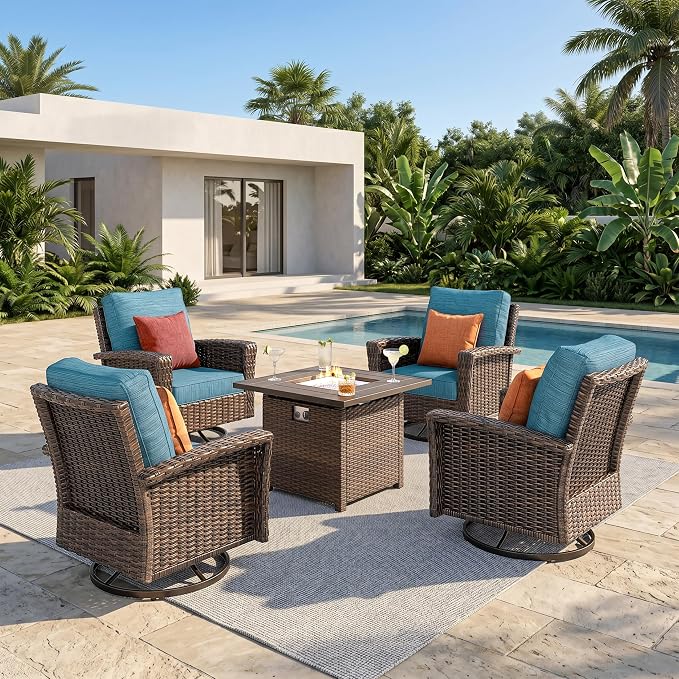 HERA'S HOUSE 5-Piece Patio Furniture Set with Outdoor Swivel Chairs & Fire Pit, High Back Wicker Conversation Sets with 5.5" Thick Cushions, All-Weather Deep Seating Sofa, Blue