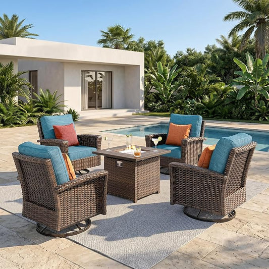 HERA'S HOUSE 5-Piece Patio Furniture Set with Outdoor Swivel Chairs & Fire Pit, High Back Wicker Conversation Sets with 5.5" Thick Cushions, All-Weather Deep Seating Sofa, Blue