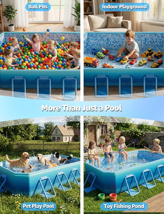 116" Foldable Pool for Kids & Adults,Blue | Non-Inflatable, Metal Frame, Thick PVC Collapsible, Swimming Pool for Kids Family Dogs,Outdoor Summer