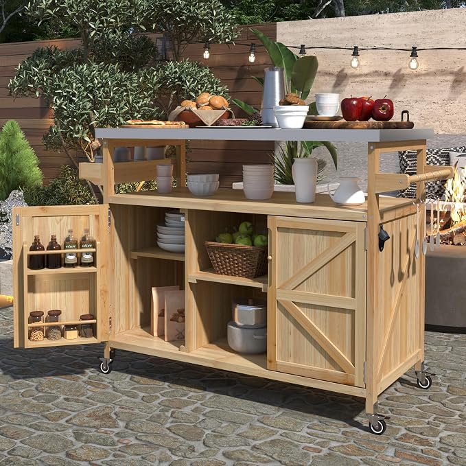 Outdoor Deck Box and Grill Prep Station with 201 Stainless Steel Top, Solid Fir Wood Patio Storage Cabinet for BBQ Tools and Cushions, Rolling Kitchen Island with Spice Rack, 50-Inch, Natural