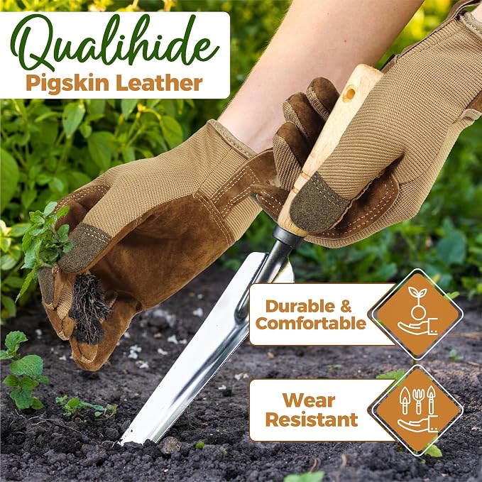 HANDLANDY Gardening Gloves for Women, Leather Garden Glove, Gardener Gift | Breathable Floral Ladies Leather Garden Yard Gloves, for Trimming, Weeding, Digging, Planting, Pruning