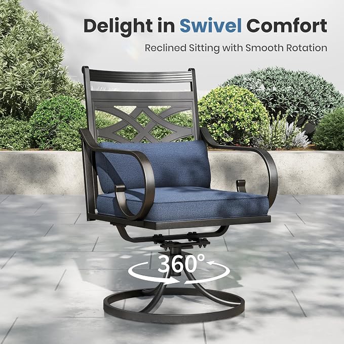 PHI VILLA Outdoor Dining Set with Umbrella for 4, 42" Metal Round Table & Wrought Iron Swivel Chairs, Patio Furniture with Blue Cushions & Pillows for Deck, Porch