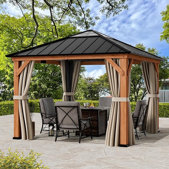 Modern Shade Tranquil Grove Wood Gazebo 11' x 11', Permanent Hardtop Gazebo with Galvanized Steel Roof, Mosquito Netting and Curtains, Cedar Outdoor Gazebo with Sturdy Hooks for Backyard
