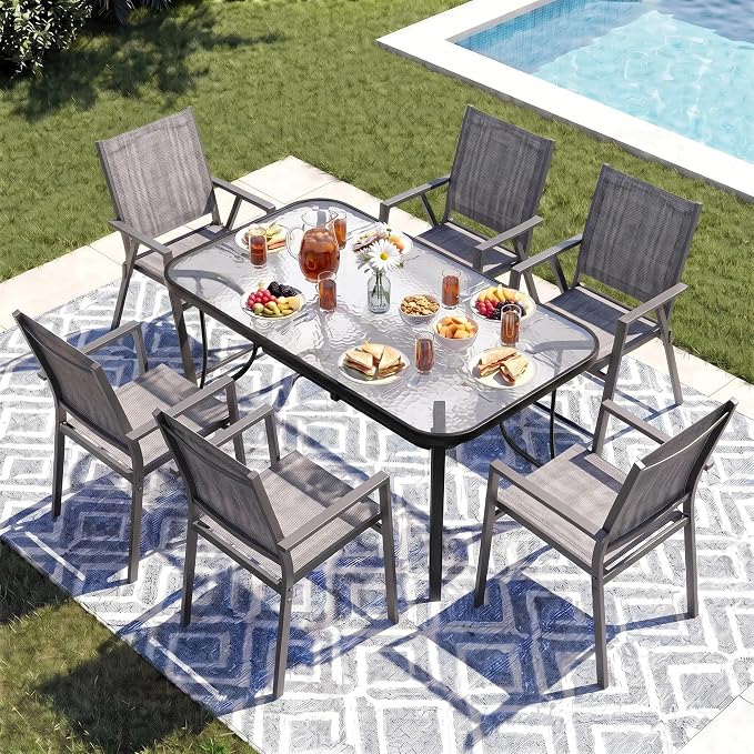TLSUNNY 7 Piece Patio Dining Set for 6, Outdoor Table and Chairs W/1.69" Umbrella Hole & Metal Frame, 30"X 55" Rectangular Glass Table and Patio Textilene Stackable Chair W/Armrests, for Lawn Deck