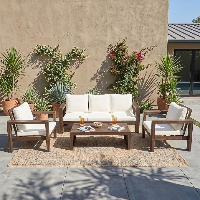 4 Pieces Patio Sofa Set Outdoor Seating Group 5-Person Sofa Set Outdoor Conversation Set with Cushions and a Coffee Table for Garden, Backyard,Balcony,Poolside (Mocha#50)