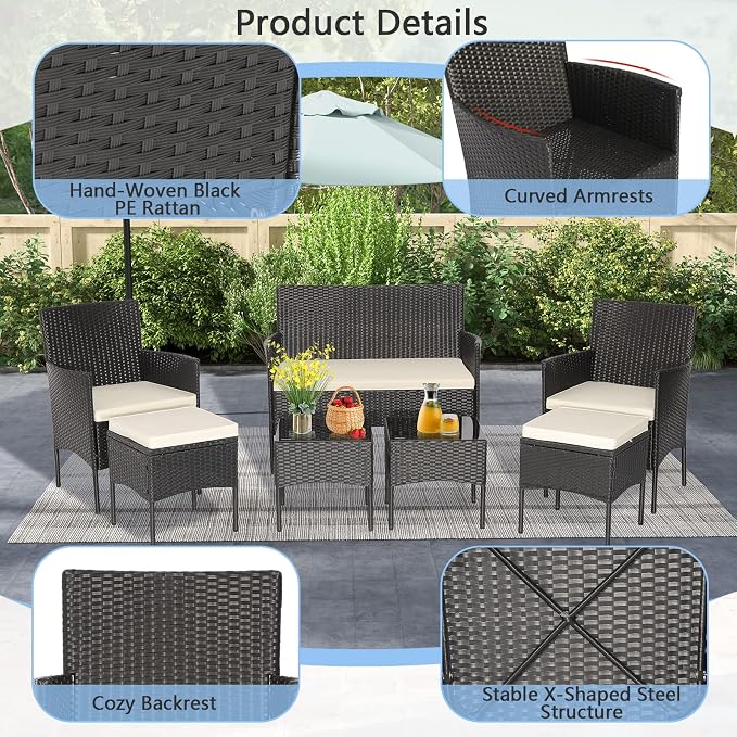 Tangkula 7 Piece Patio Rattan Sofa Set, Wicker Furniture Set with 2 Side Tables and 2 Ottomans, Solid Metal Frame, Soft Cushions, Outdoor Wicker Conversation Set for Front Porch, Poolside