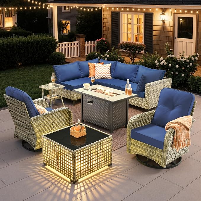 9 Pieces Outdoor Sectional Patio Furniture Set with 42" Fire Pit,Conversation Sets Rattan Wicker L Shaped Couch Swivel Rocking Chairs,Modular Outdoor Sofa for Porch Balcony Backyard Navy Blue