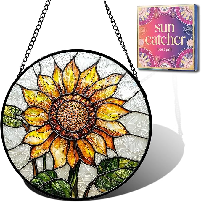 Sunflower Gifts for Women - Yellow Flower Faux Stained Glass Window Hanging Sun Catcher for Door Garden Acrylic Decor Mother's Day Christmas Birthday Gift for Mom Nana Grandma Sisters Colleague 11.8"