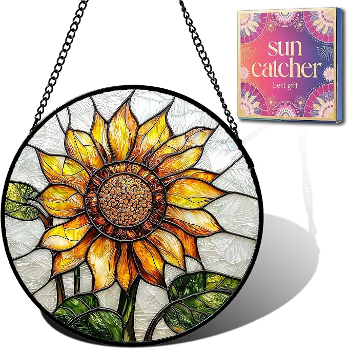 Sunflower Gifts for Women - Yellow Flower Faux Stained Glass Window Hanging Sun Catcher for Door Garden Acrylic Decor Mother's Day Christmas Birthday Gift for Mom Nana Grandma Sisters Colleague 7.8"