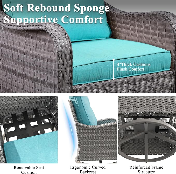 9 Piece Wicker Patio Furniture Set, Swivel Rocking Chairs with 4''Cushions, PE Rattan, Rust Resistant Frame, Double Layer Glass Side Table, for Backyard, Deck or Balcony, Blue
