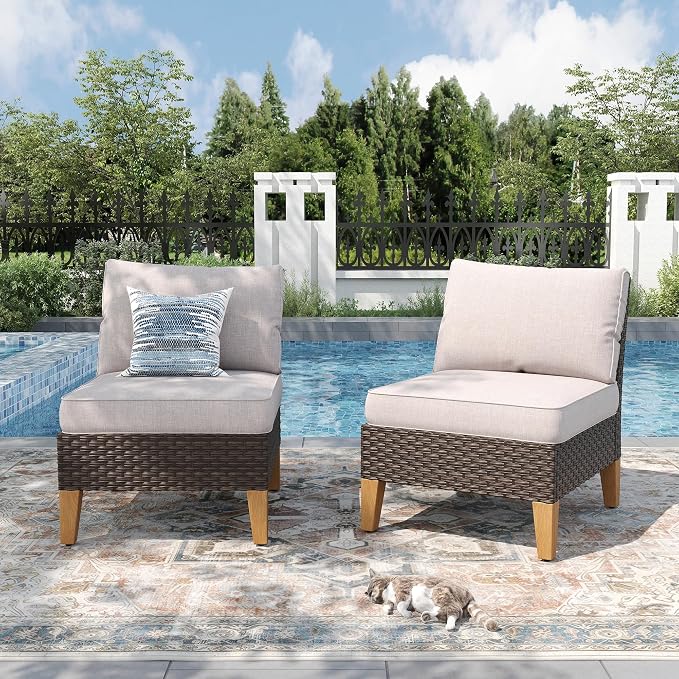 PHI VILLA Patio Furniture Sectional Sofa Set of 2，Outdoor Wicker Furniture Armless Sofa with Cushion for Front Porch, Beige