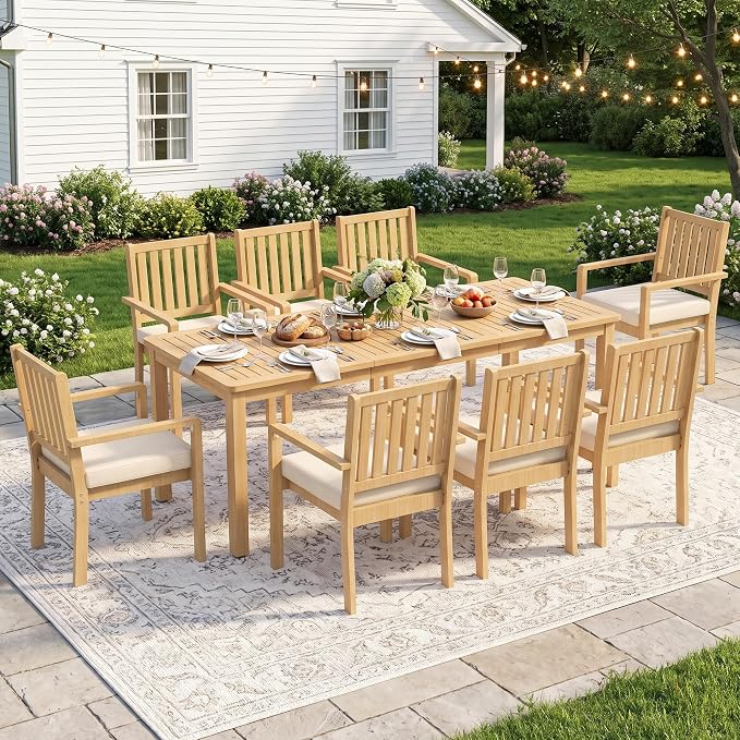 Wisteria Lane 9 Pieces Acacia Outdoor Patio Table and Chairs Set for 8, Patio Outdoor Dining Table Set with Cushion, Modern Outdoor Patio Set for Deck Lawn Backyard Garden, Beige