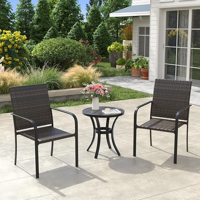 VICLLAX 3 Pieces Small Patio Dining Set, 2 Outdoor Wicker Dining Chairs and Small Round Patio Table with Storage Shelf for Backyard Lawn Deck, Black Tabletop