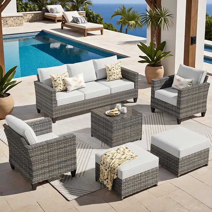 ovios 6 Pieces Patio Furniture Set, Outdoor Wicker Rattan Sofa Couch with Glass Table, Chairs, Comfy Cushions, Conversation Sets for Porch Deck Garden, Grey
