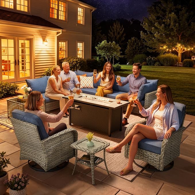 CAODOC 11-Piece Outdoor Sectional Sofa Set w/ 54" Fire Pit – L-Shaped Wicker Patio Furniture, Deep Seating & Swivel Rockers,Light Blue