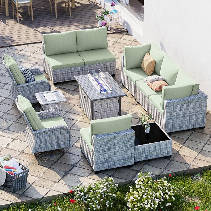 11-Piece Patio Furniture Set, Outdoor Patio Furniture with 55,000 BTU Fire Pit Table, Swivel Chairs Set, Thick Cushions, Modular Patio Sofa, Dual-Strand Rattan, Rust-Resistant Frame, Light Green