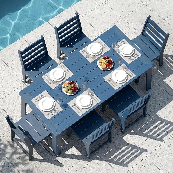 69" HDPE Rectangle Outdoor Dining Table for 6 Person, Blue | Weather-Resistant Patio Furniture with Metal Support Bars and Umbrella Hole Cut-Out for Poolside Garden Backyard Deck