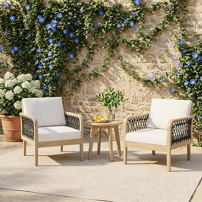 Merax 4-Piece Outdoor Acacia Wood Patio Conversation Set, 2 Club Chairs + Loveseat & Coffee Table with Handwoven Rope & Cushions, Furniture Set for Garden, Balcony, Poolside, Light Teak