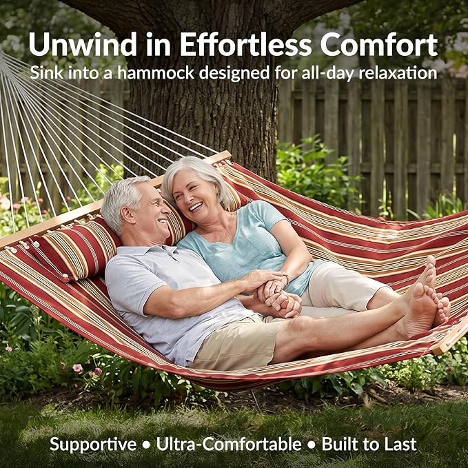 Sunnydaze Quilted Double Hammock for Outside with Spreader Bars and Pillow - 450 lb Capacity, 74x55 Inch Bed, UV Resistant, Quick Dry - Chains Included, Stand Sold Separately - Red Stripe