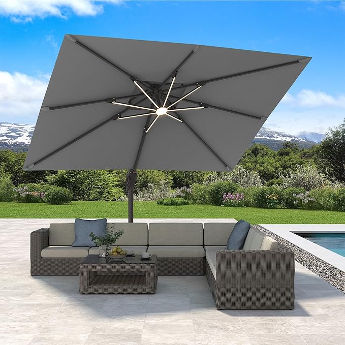 10' X 13' Cantilever Patio Umbrella with Led Lights Double Top Rectangular Outdoor Large Offset Umbrellas with 7 Tilts Adjustable 360°Rotation for Deck Pool Garden Backyard, Grey