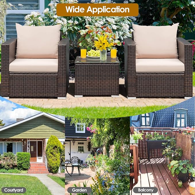 COSTWAY 3-Piece Patio Furniture Set, Outdoor Wicker Rattan Sofa with Cushions and Coffee Table with Tempered Glass, Modern Conversation Chair Set for Poolside Backyard Balcony Lawn (Beige)