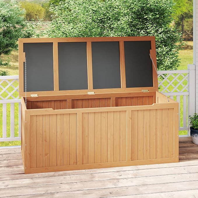 Domesto 112 Gallon Extra-Large Outdoor Deck Box, Solid Wood Storage Box Seat & Table Top, For Patio Cushions, Pool, Garden Tools (Light Brown, 112 Gallon)