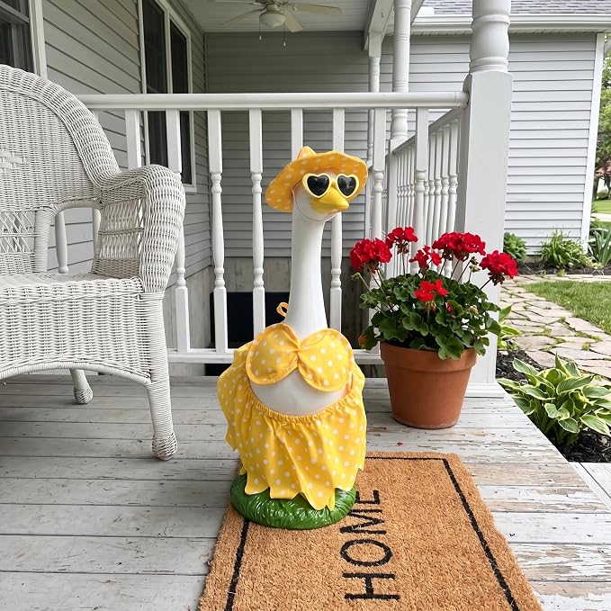 20″ Large Porch Goose Statue Décor - Resin Porch Goose with Yellow Summer Bikini Outfits, Garden Decor Sculpture, White Duck Figurine for Pool/Patio/Path/Lawn, Housewarming Birthday Gift Mum Women Men