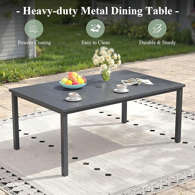 7 Pieces Patio Dining Set, 6 Outdoor Swivel Dining Chairs with 63" Rectangle Metal Outdoor Dining Table with Umbrella Hole for Garden Backyard Deck, Grey & Dark Grey