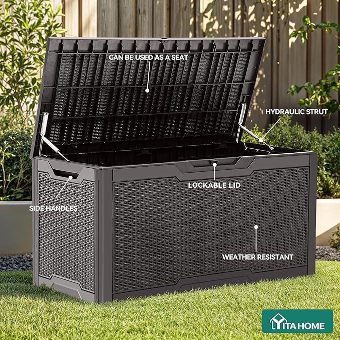 YITAHOME 100 Gallon Resin Deck Box, Weather Resistant Outdoor Storage Box, Lockable Indoor Outdoor Storage for Supplies and Essentials, Dark Brown