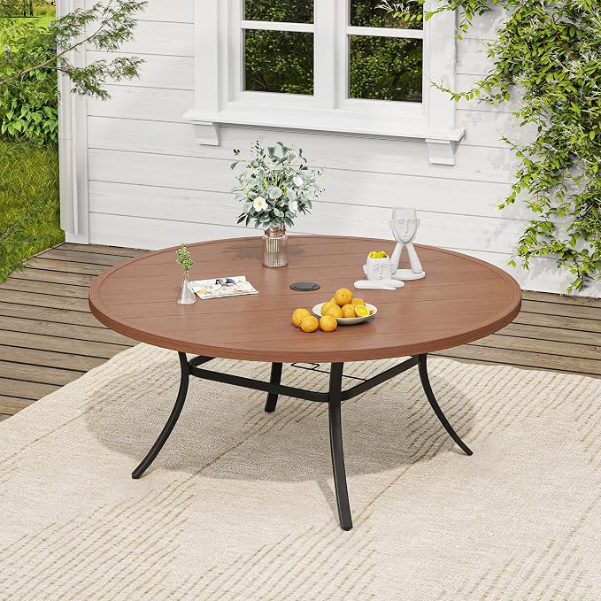 VICLLAX Round Patio Dining Set for 10, Metal Slatted Patio Table with Umbrella Hole and Stackable Patio Chairs for Deck Lawn Garden, Black Fabric and Walnut Tabletop