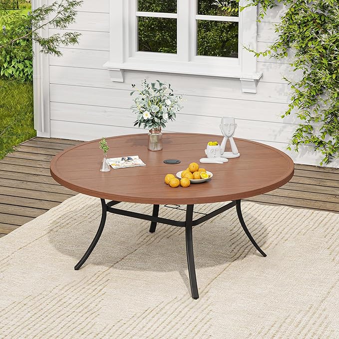 VICLLAX Outdoor Table and Chairs Set for 8, Patio Dining Set of 60 Metal Round Patio Table with Umbrella Hole & 8 Swivel Outdoor Dining Chairs for Backyard Lawn, Charcoal & Walnut