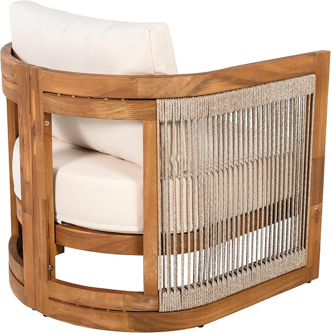 Christopher Knight Home Malphite 3 Pieces Conversation Set, Acacia Wood Chat Set, Round Coffee Table and Woven Rope Accent Chairs, Slat Design Patio Furniture Set for Backyard Garden, Beige + Teak